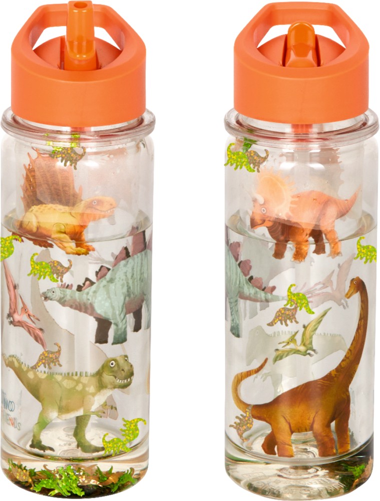 Glitzer Trinkflasche Dino Friends, Ansicht offen und verschlossen